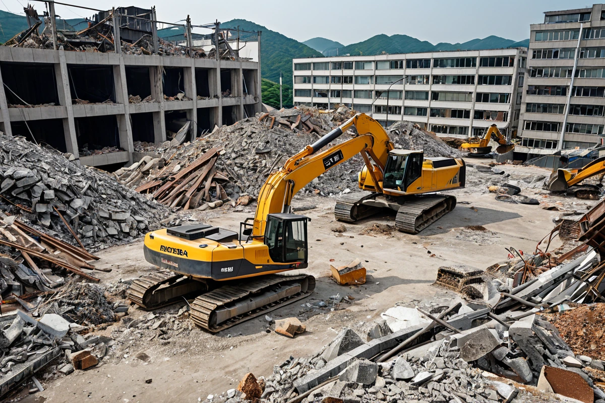 대구철거 업체의 전문 작업 현장, 철거 과정에서 최적의 방법을 적용한 철거 작업장의 철거 장비와 정리된 철거 재료가 자연스럽게 배치된 모습