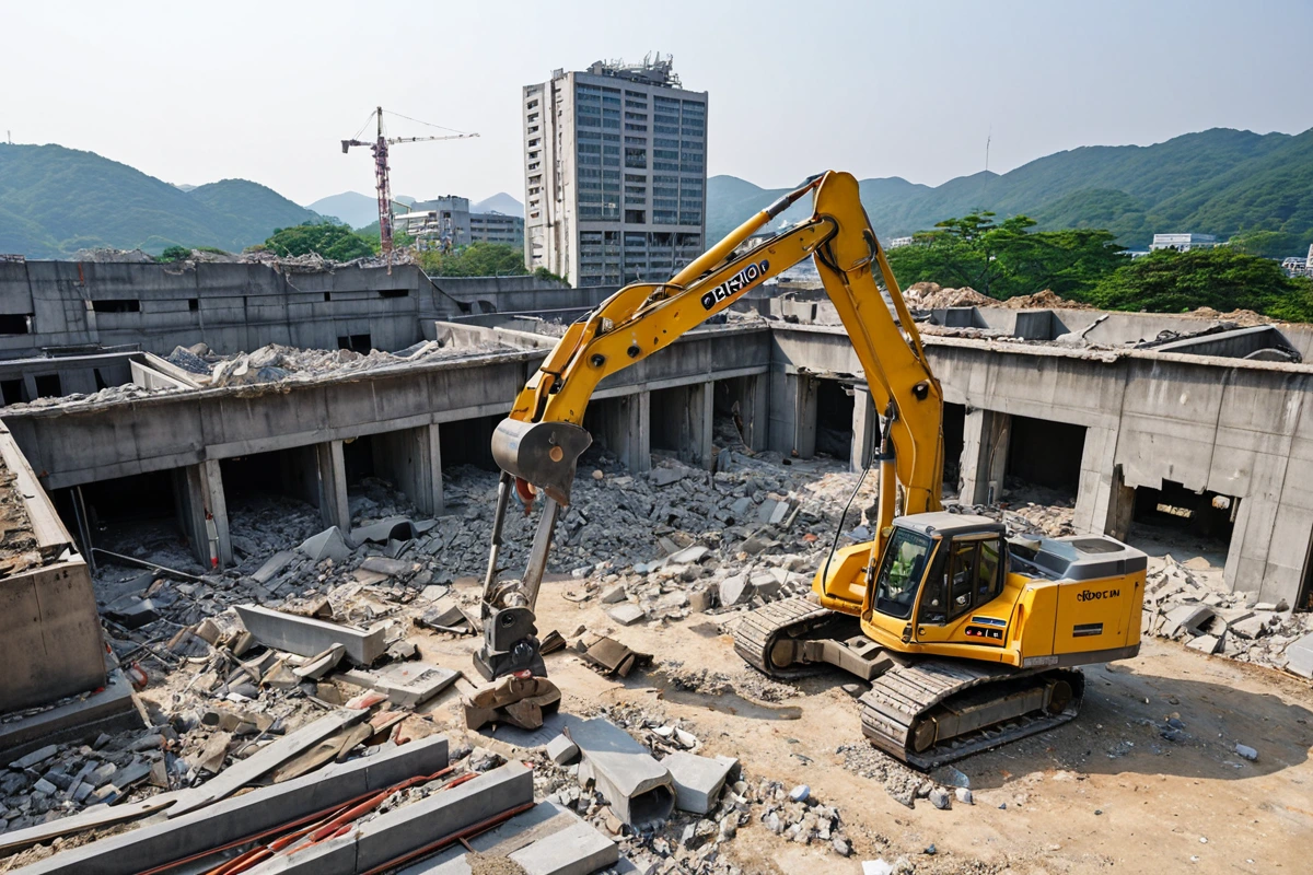 철거 비용 산정 기준을 보여주는 대구남구봉덕동의 철거 현장. 철골 구조물과 콘크리트 구조물이 함께 있는 공간에서 철거 장비가 준비되어 있으며, 구조물의 유형과 규모를 확인할 수 있